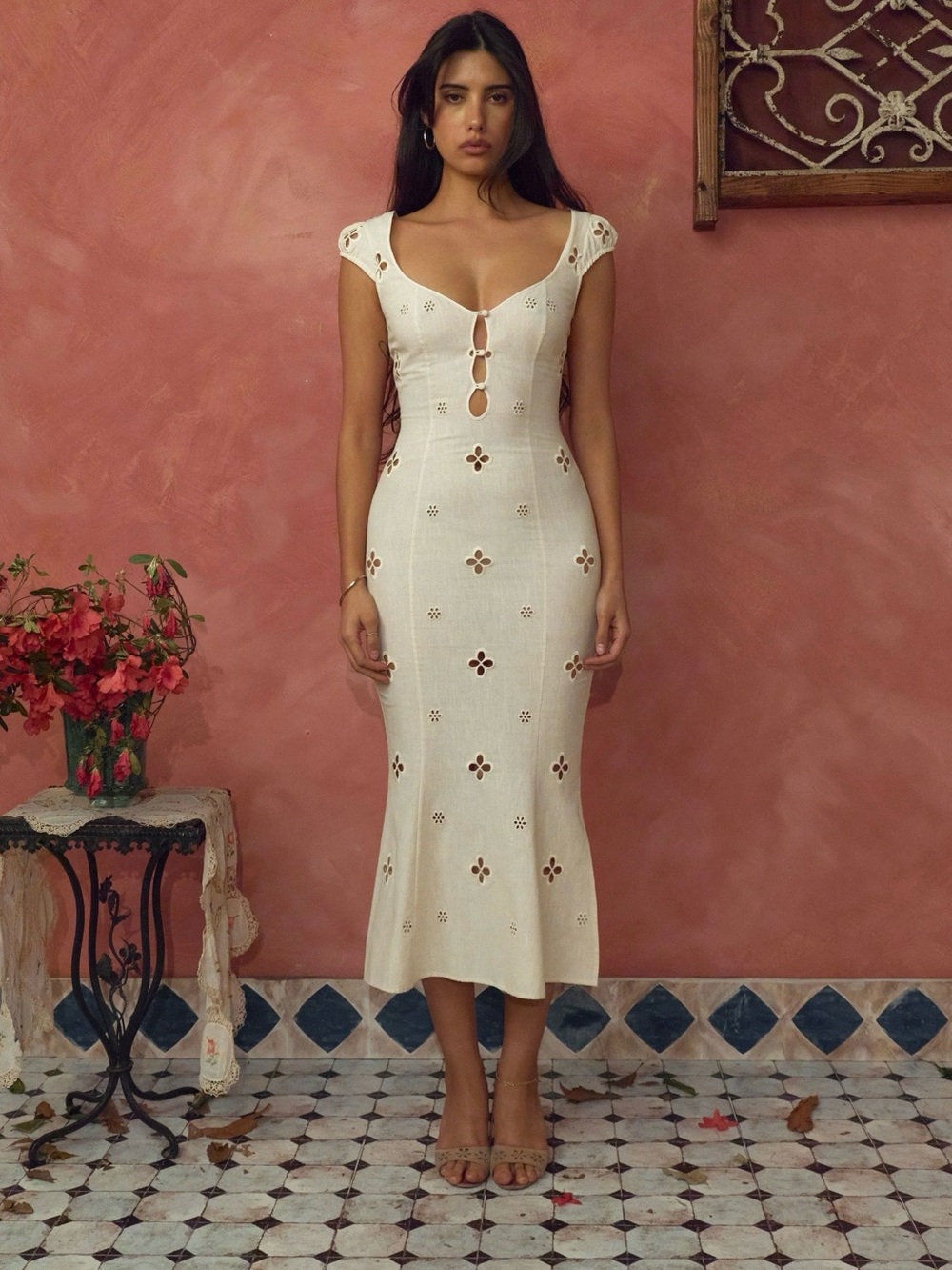 Women's Cream Eyelet Knit Midi Dress with Keyhole Detail